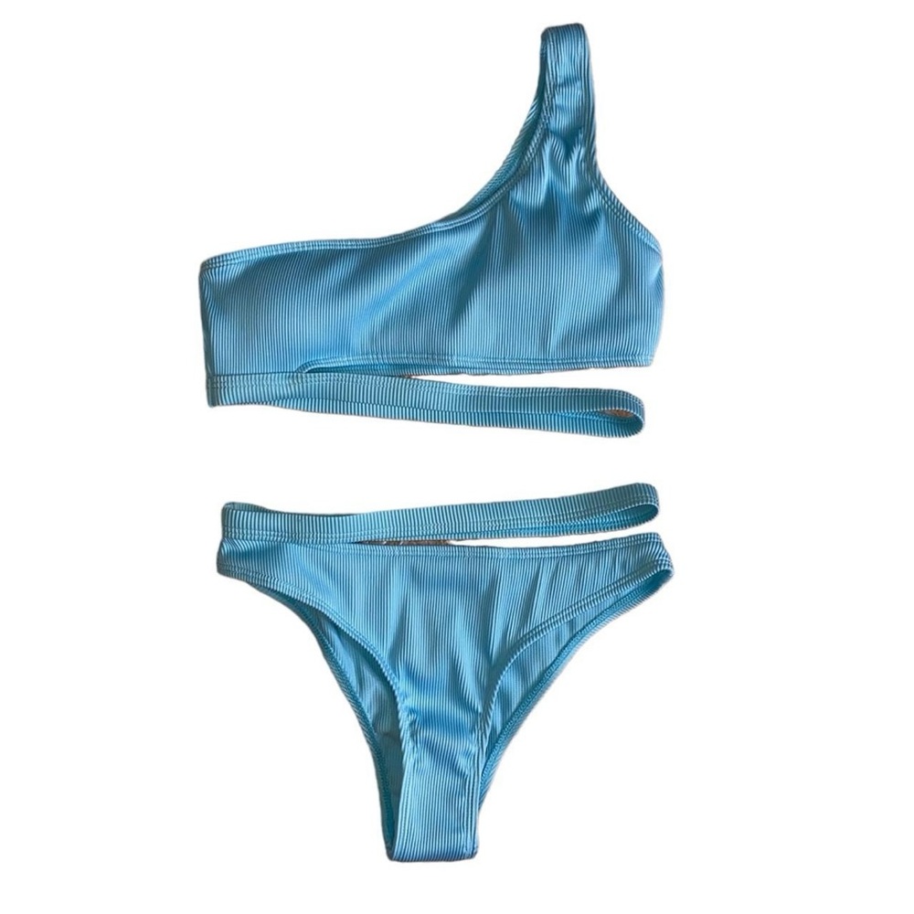BLUE ONE-SHOULDER BIKINI TOP & CHEEKY BOTTOMS · SIZE S · NWOT